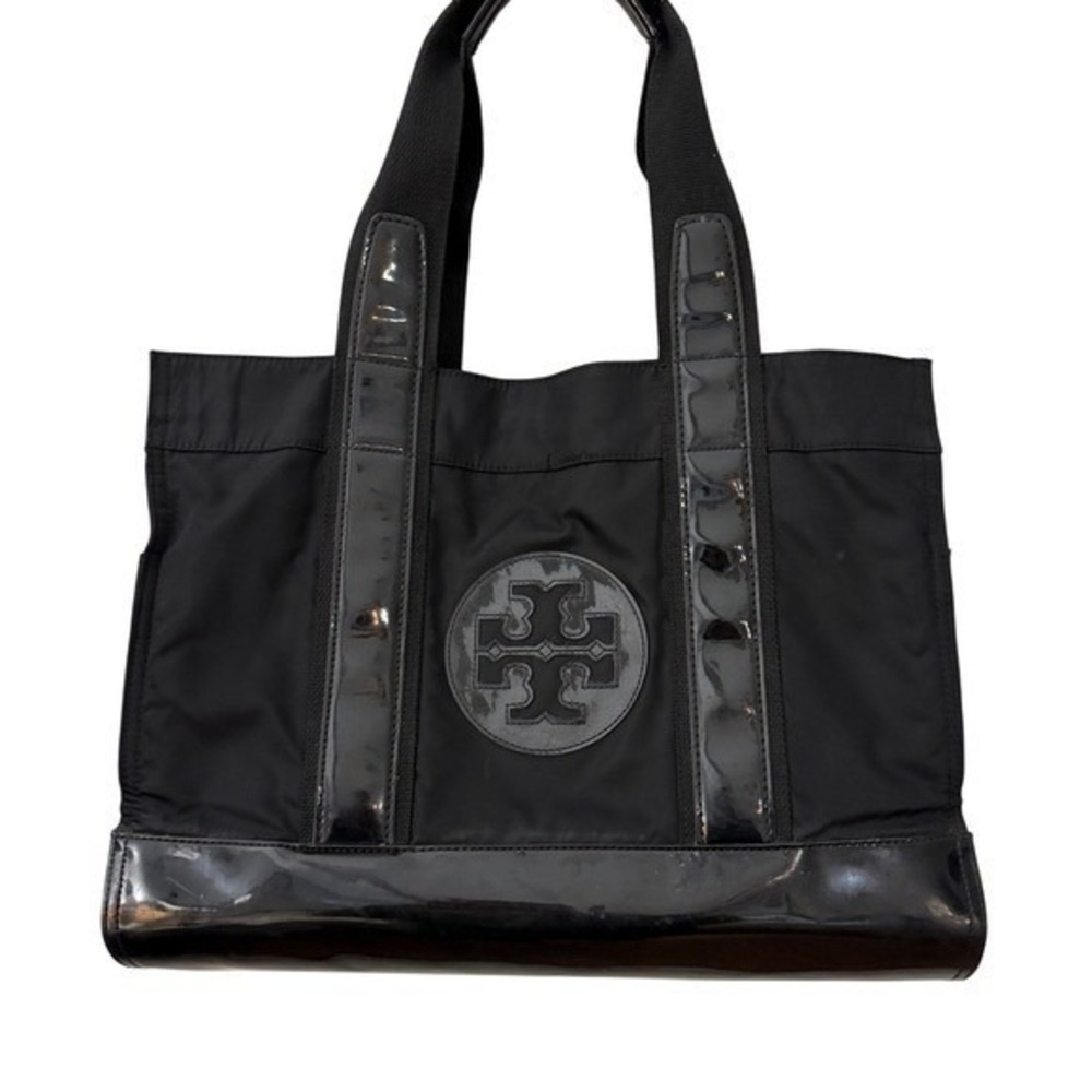 Tory Burch Black Nylon Patent Leather Trim Lightweight Everyday Tote Bag